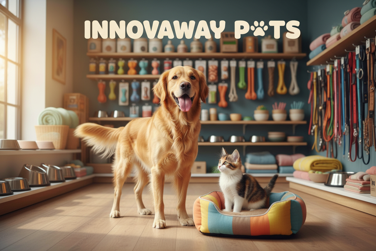 quero uma imagem que trate da Innovaway Pets que englobe os produtos para pets...especialmente cachorro...só quero de texto o nome PETS...quero um cachorro e um gato na imagem